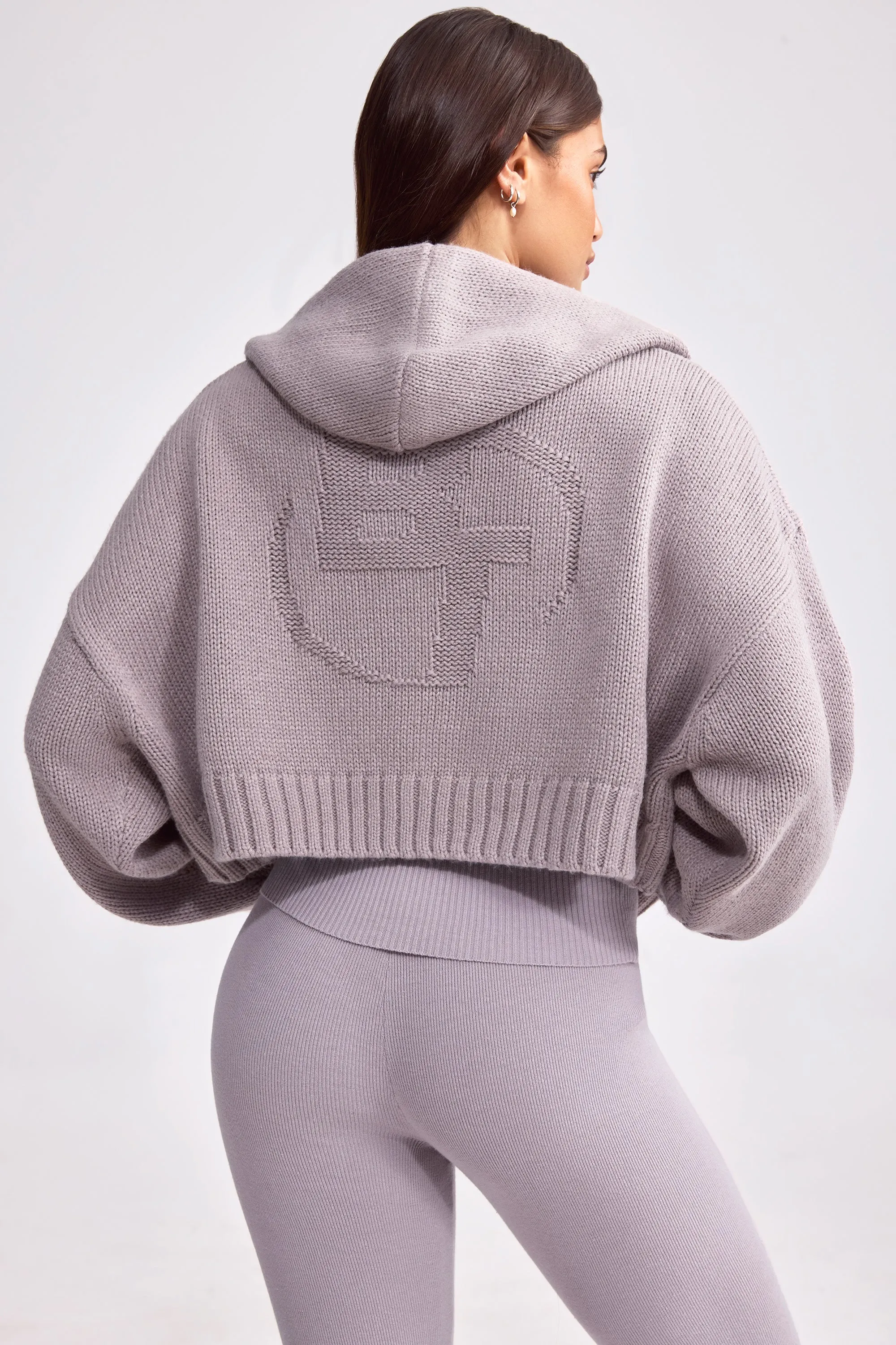 Cropped Zip-Up Chunky Knit Hoodie in Dusty Lavender