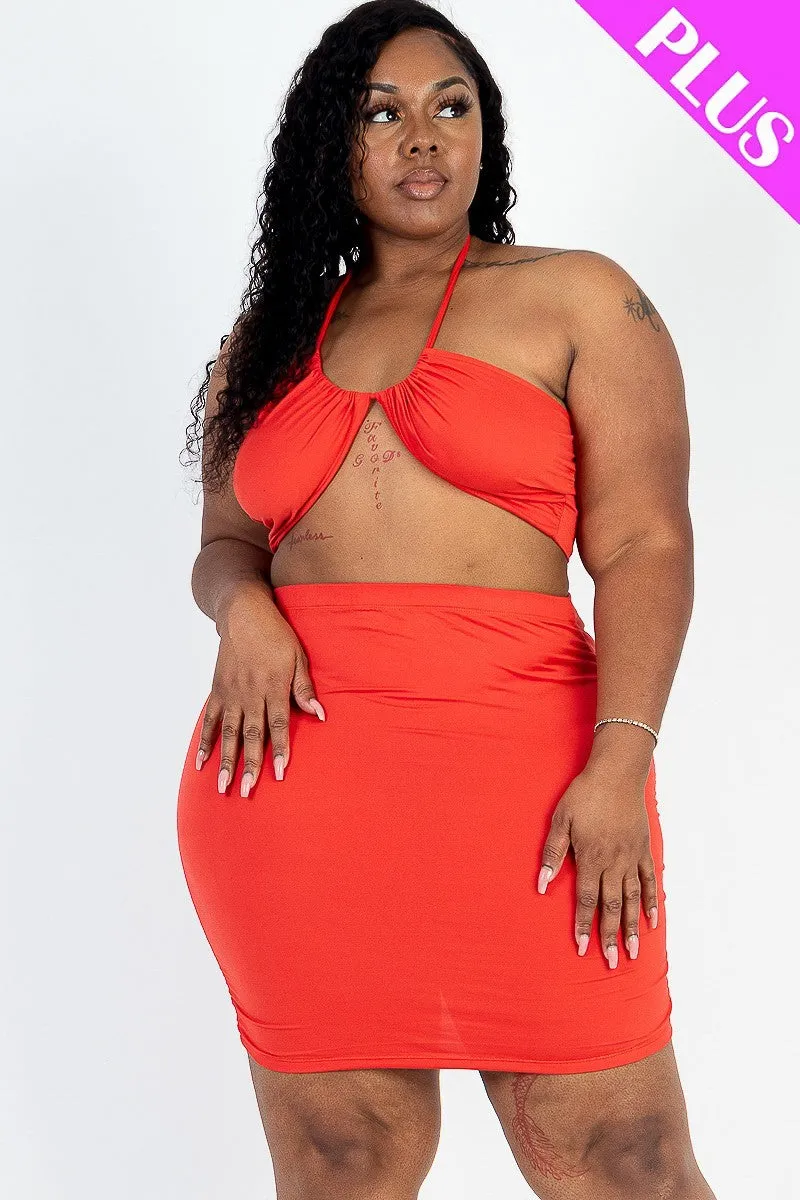 Curvy Crisscross Halter Top & Ruched Mini Skirt Set