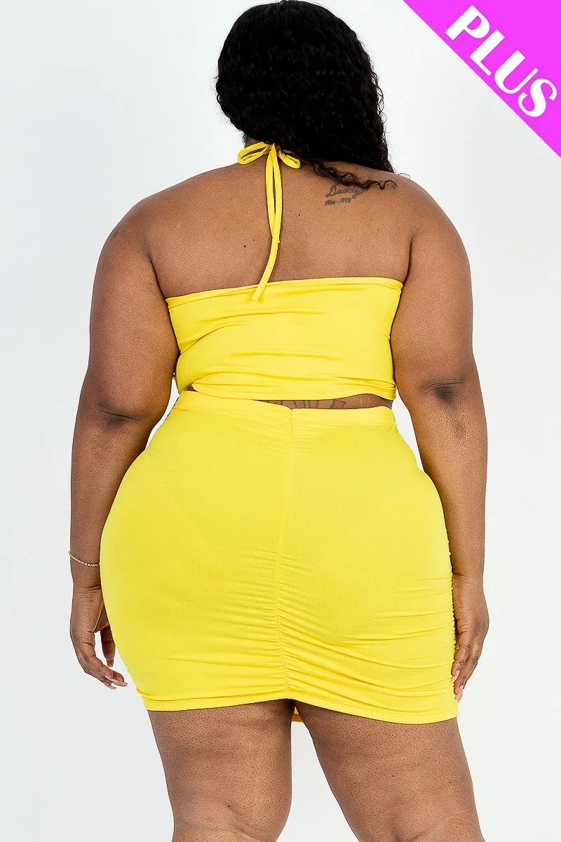 Curvy Crisscross Halter Top & Ruched Mini Skirt Set