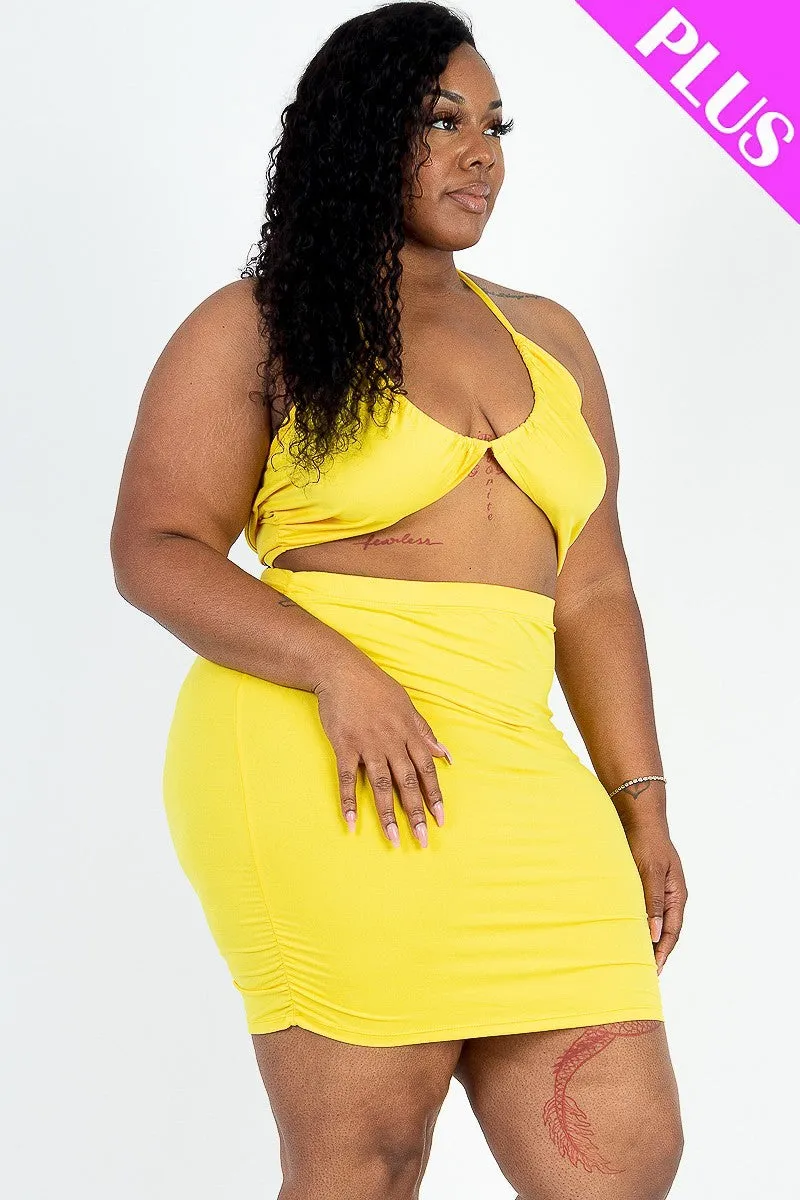 Curvy Crisscross Halter Top & Ruched Mini Skirt Set