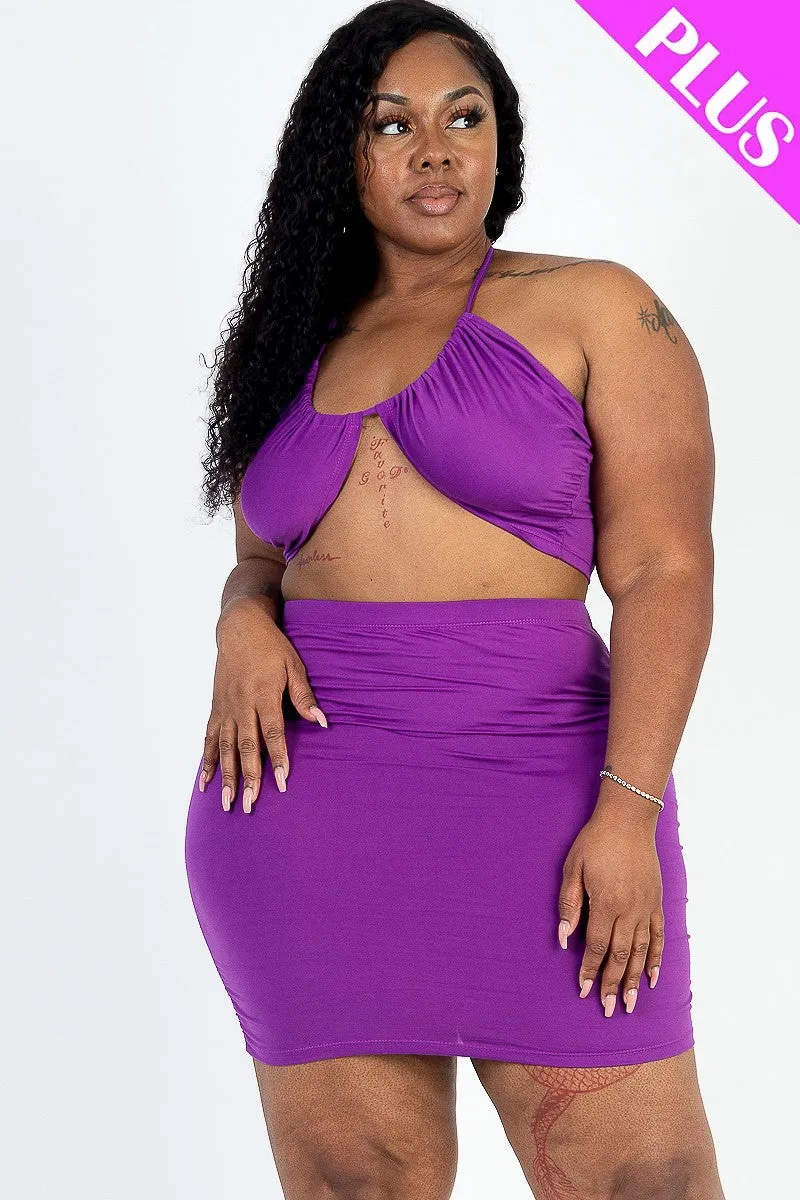 Curvy Crisscross Halter Top & Ruched Mini Skirt Set