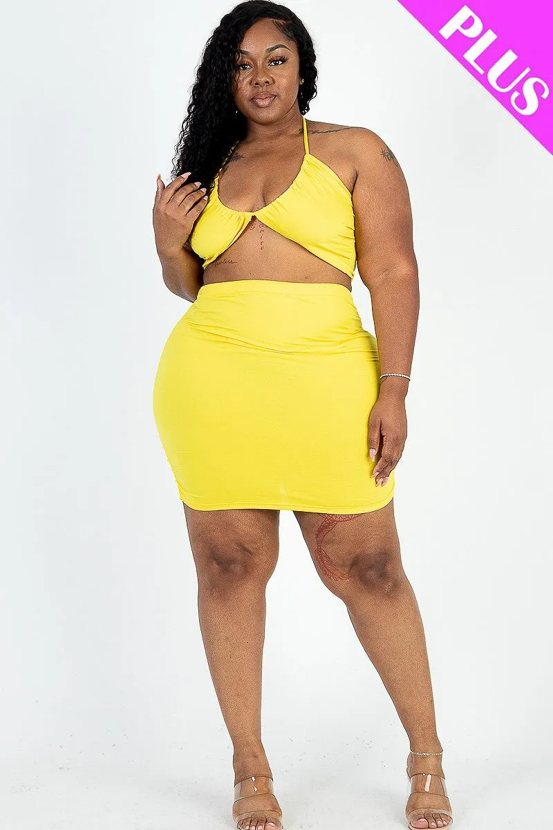 Curvy Crisscross Halter Top & Ruched Mini Skirt Set