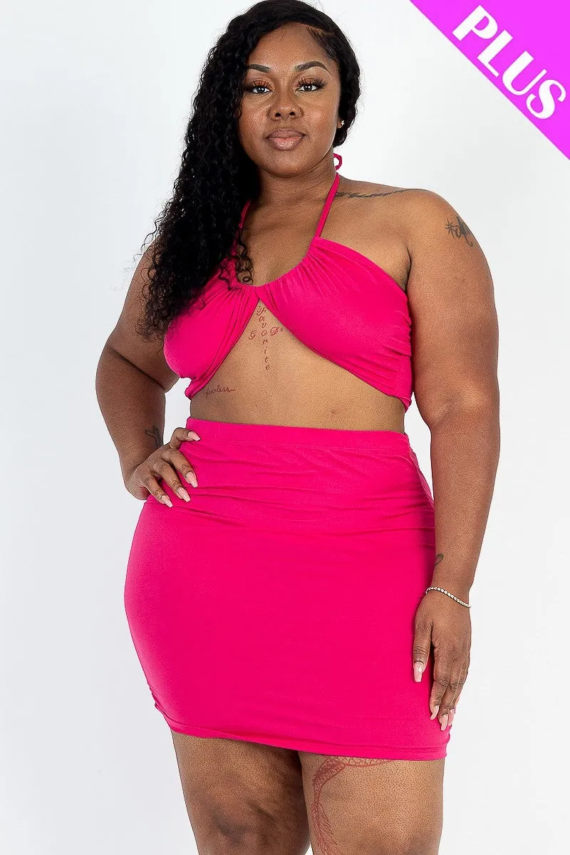 Curvy Crisscross Halter Top & Ruched Mini Skirt Set