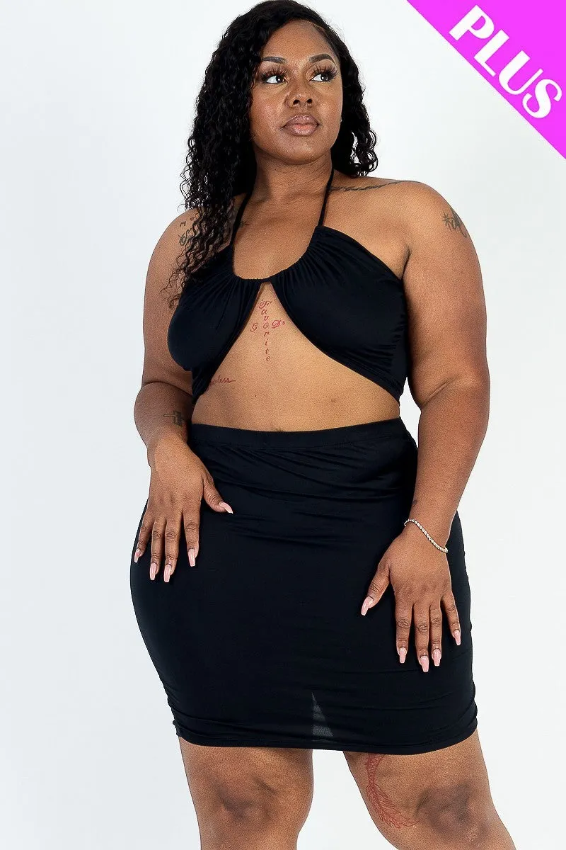 Curvy Crisscross Halter Top & Ruched Mini Skirt Set