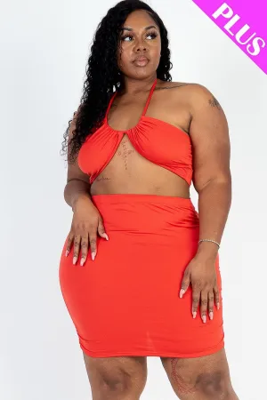 Curvy Crisscross Halter Top & Ruched Mini Skirt Set