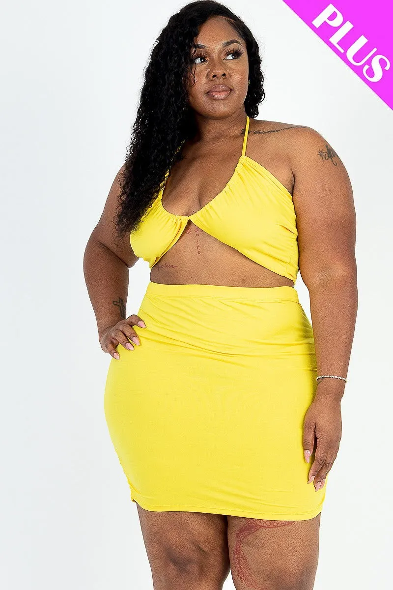 Curvy Crisscross Halter Top & Ruched Mini Skirt Set