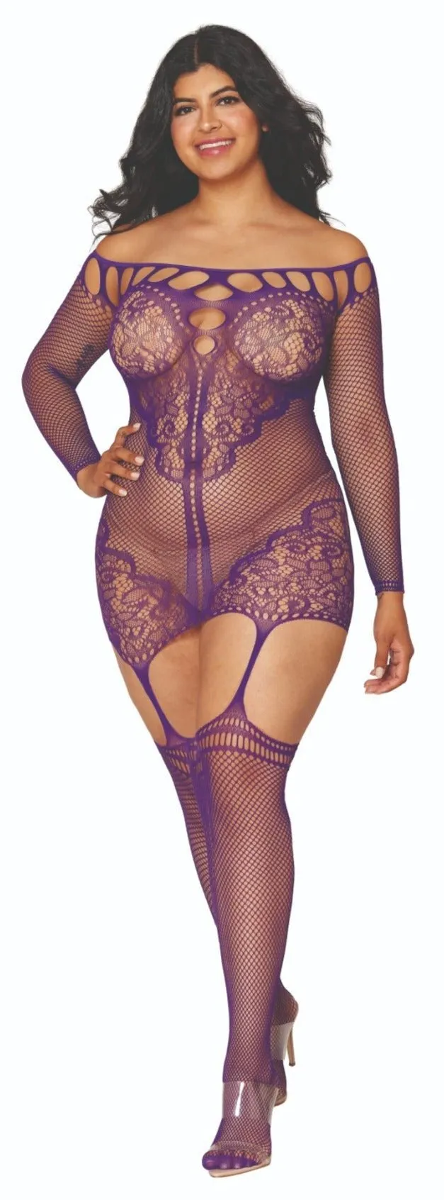 Curvy Off Shoulder Fishnet Bodystocking Dress with Lace Accents