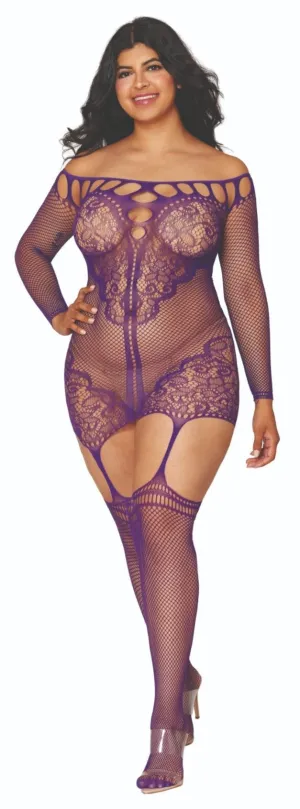 Curvy Off Shoulder Fishnet Bodystocking Dress with Lace Accents