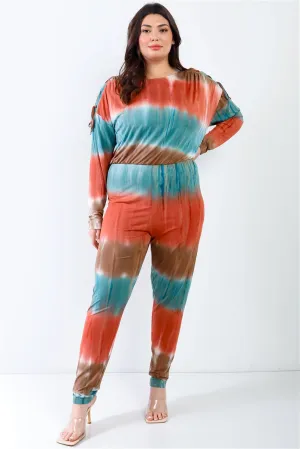 Curvy Tie-dye Lace Up Shoulder Details Jumpsuit
