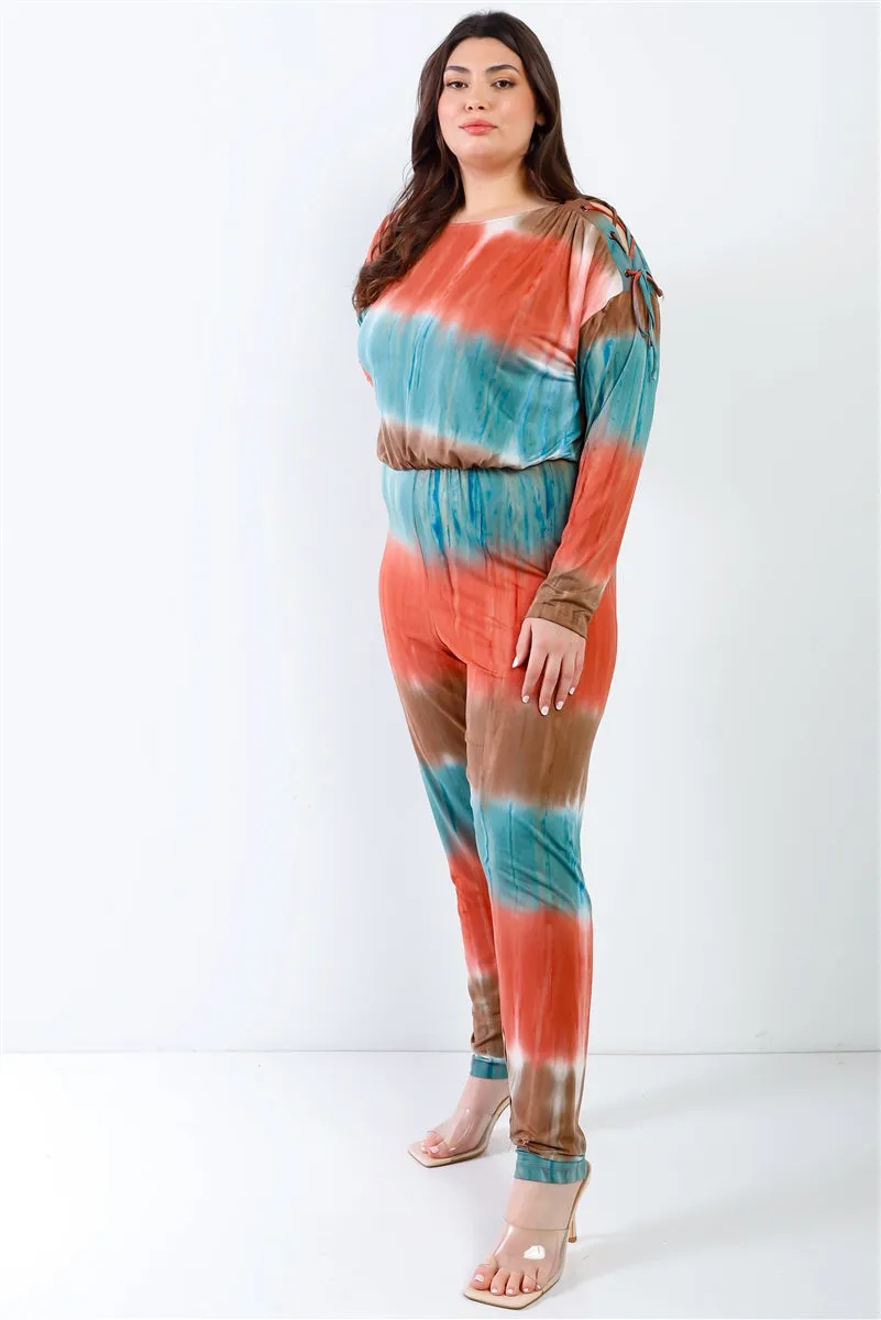 Curvy Tie-dye Lace Up Shoulder Details Jumpsuit