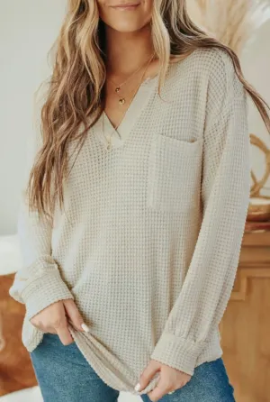 Curvy Waffle Knit Split Neck Top