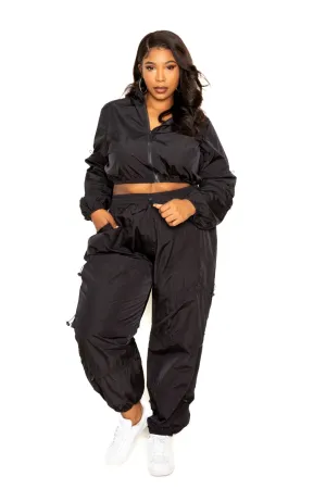 Curvy Zip up Windbreaker Matching Crop Top and Pants Set