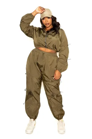 Curvy Zip up Windbreaker Matching Crop Top and Pants Set