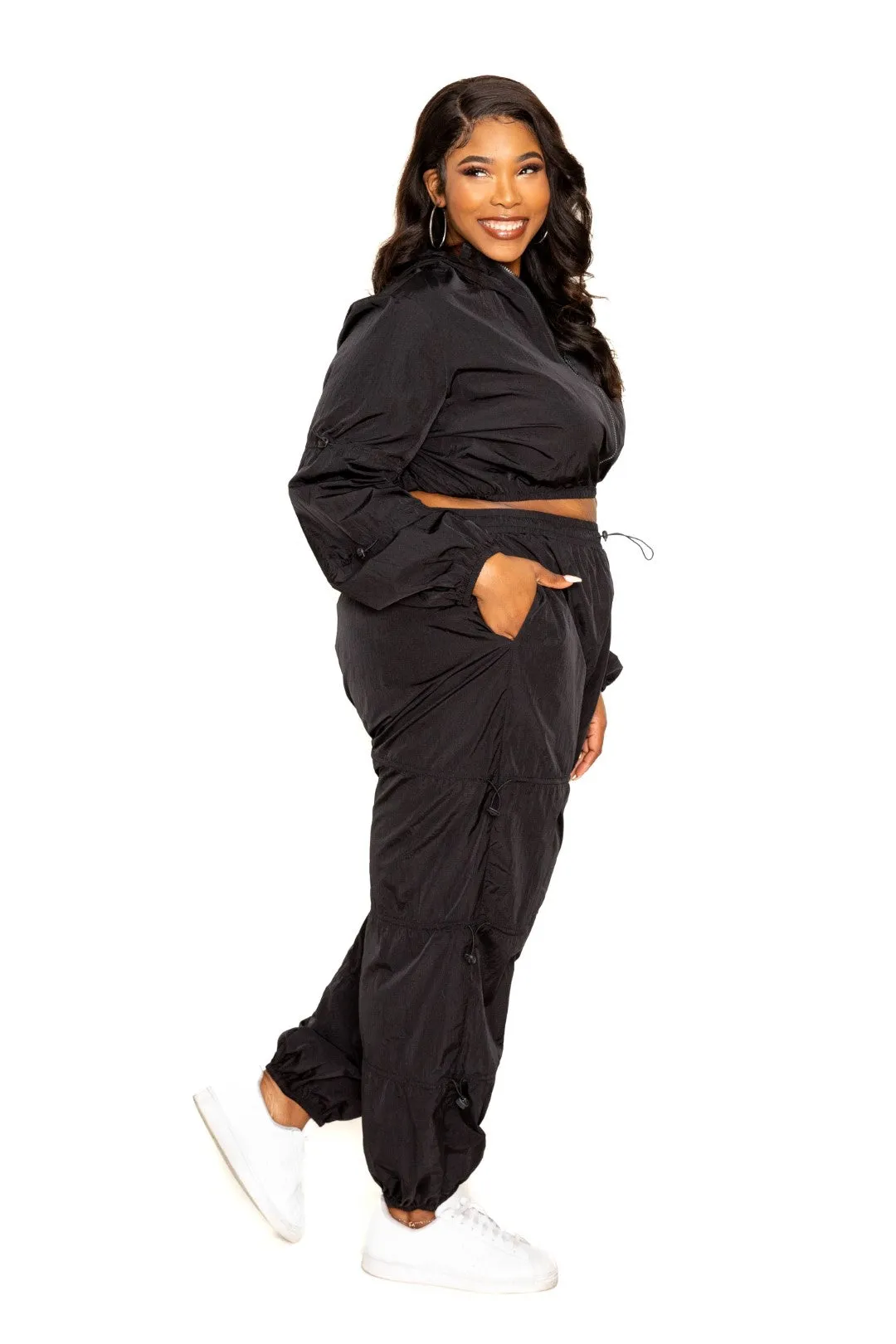 Curvy Zip up Windbreaker Matching Crop Top and Pants Set