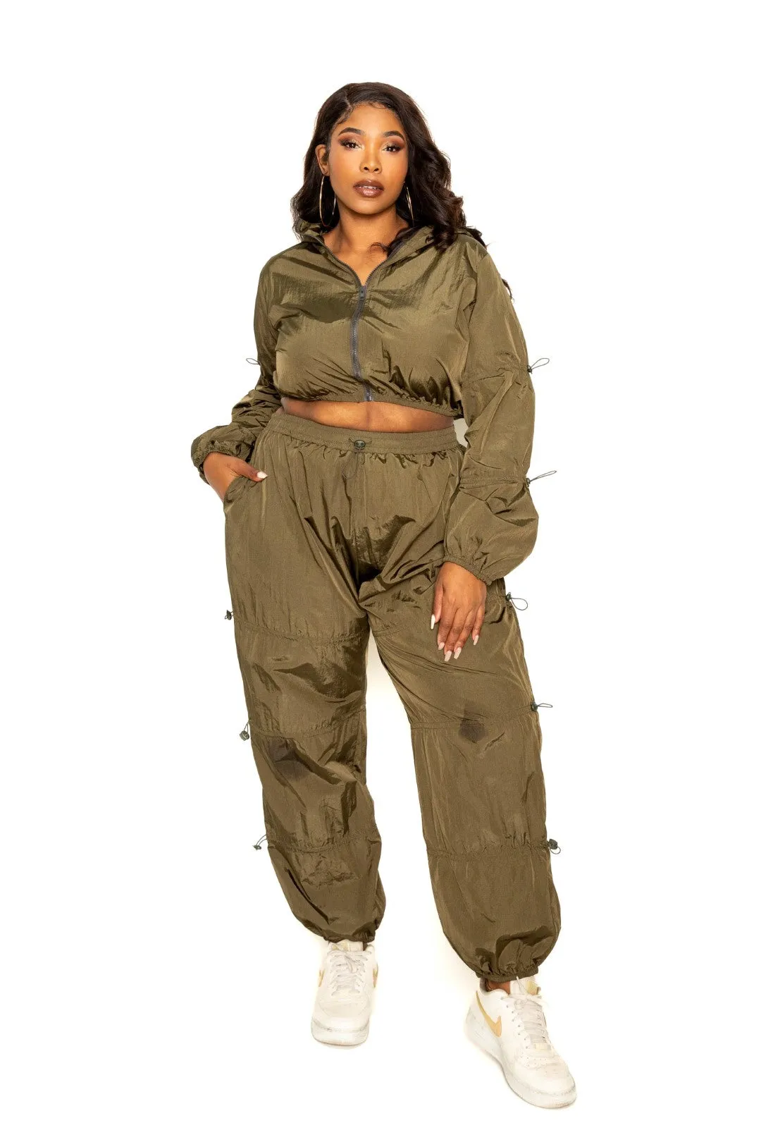 Curvy Zip up Windbreaker Matching Crop Top and Pants Set