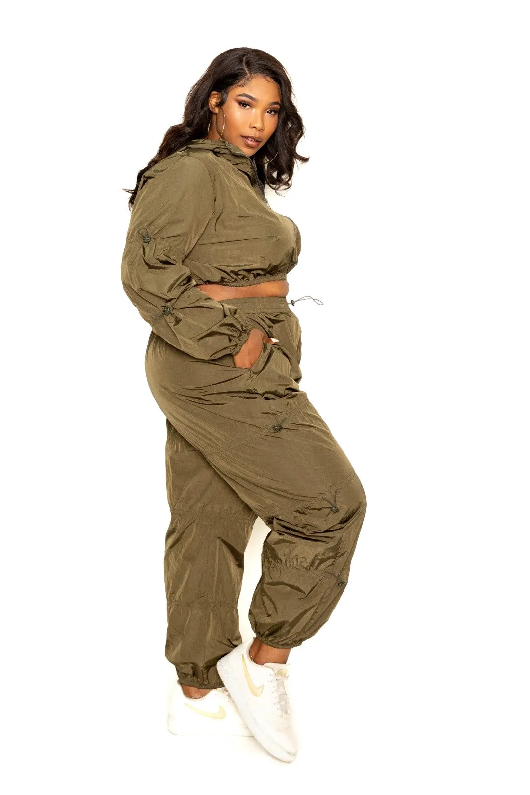 Curvy Zip up Windbreaker Matching Crop Top and Pants Set