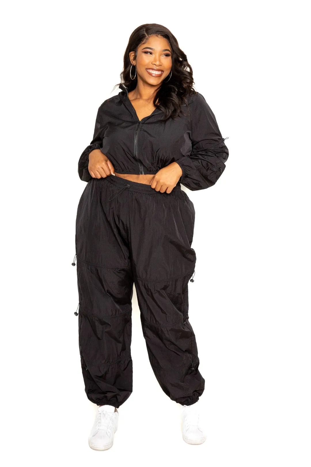 Curvy Zip up Windbreaker Matching Crop Top and Pants Set