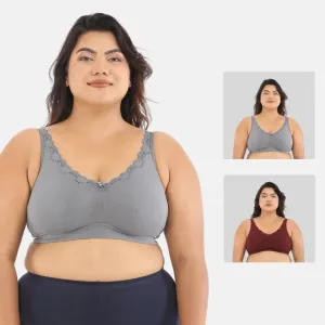 Day Bra For Curvy Women | Full Coverage | Wire-Free & Non-Padded | Seamless Cups | No Centre Panel/Gore |  Back Hook & Eye Closure | Pack Of 2