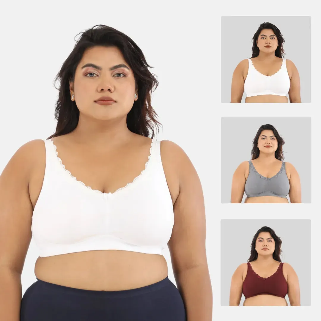 Day Bra For Curvy Women | Full Coverage | Wire-Free & Non-Padded | Seamless Cups | No Centre Panel/Gore |  Back Hook & Eye Closure | Pack Of 3