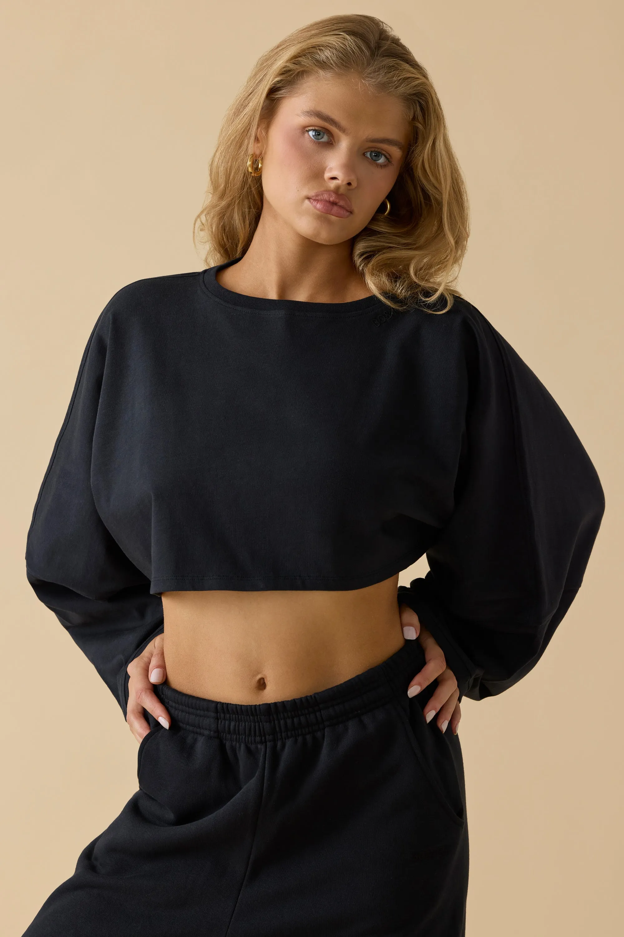 Day Off - Oversized Long Sleeve Crop Top in Black