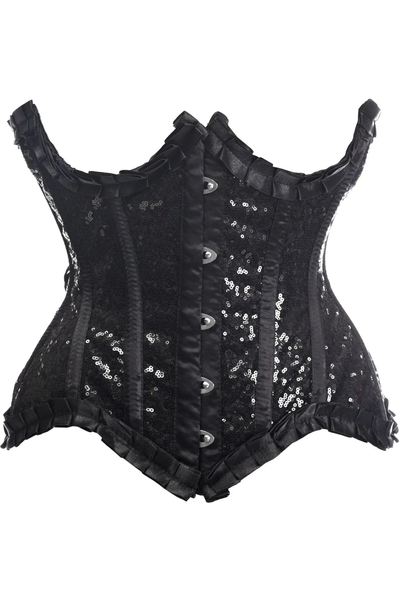 Deluxe Black Satin & Sequin Underwire Curvy Cut Steel Boned Waist Cincher Corset