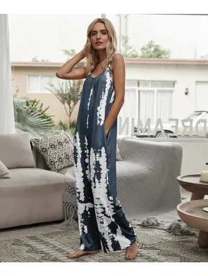 Denim Grey Tie Dye V-Neck Boho Jumpsuit