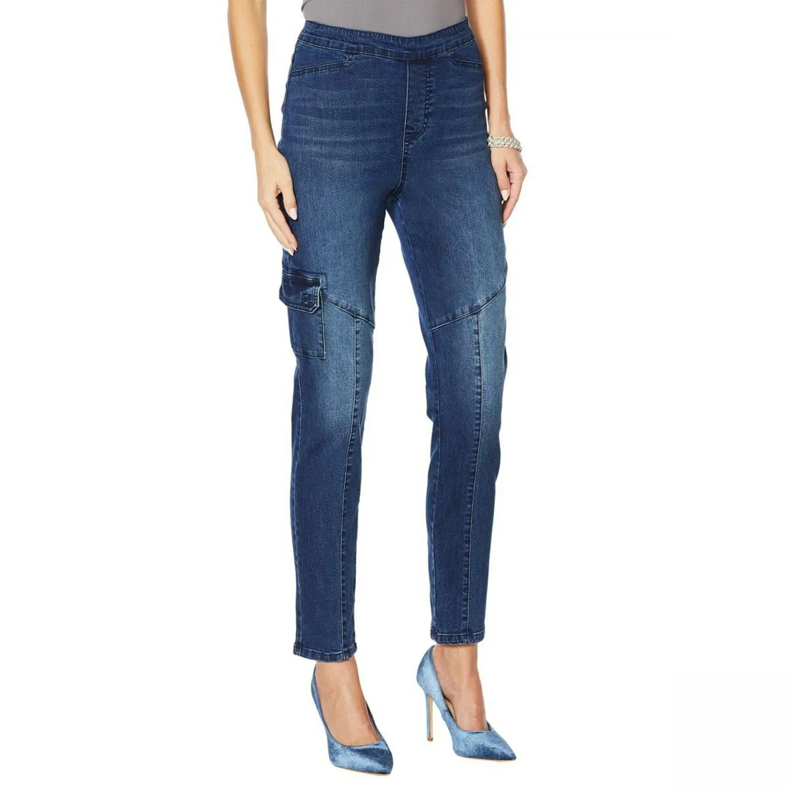 DG2 by Diane Gilman Cropped Stretch Twill Cargo Jeggings Indigo Petite Small
