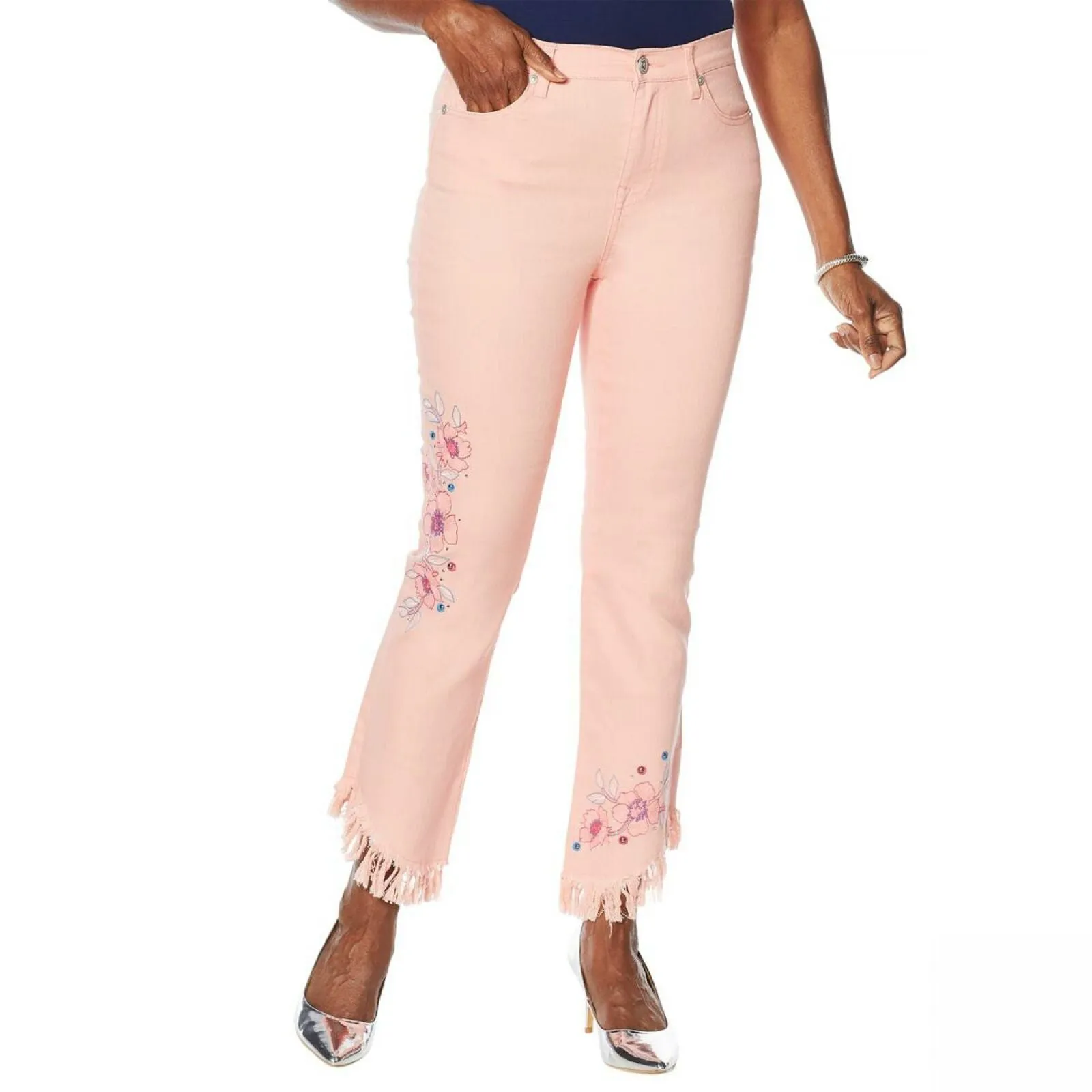 DG2 by Diane Gilman Embellished Fringe Hem Crop Jeans 10 Petite Blush