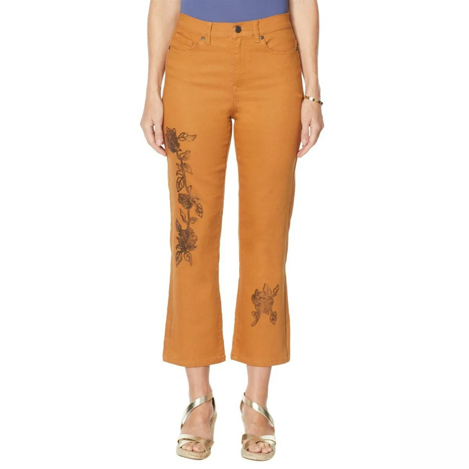 DG2 by Diane Gilman Floral Sequin Cropped Boot Cut Jeans Petite 18W Camel