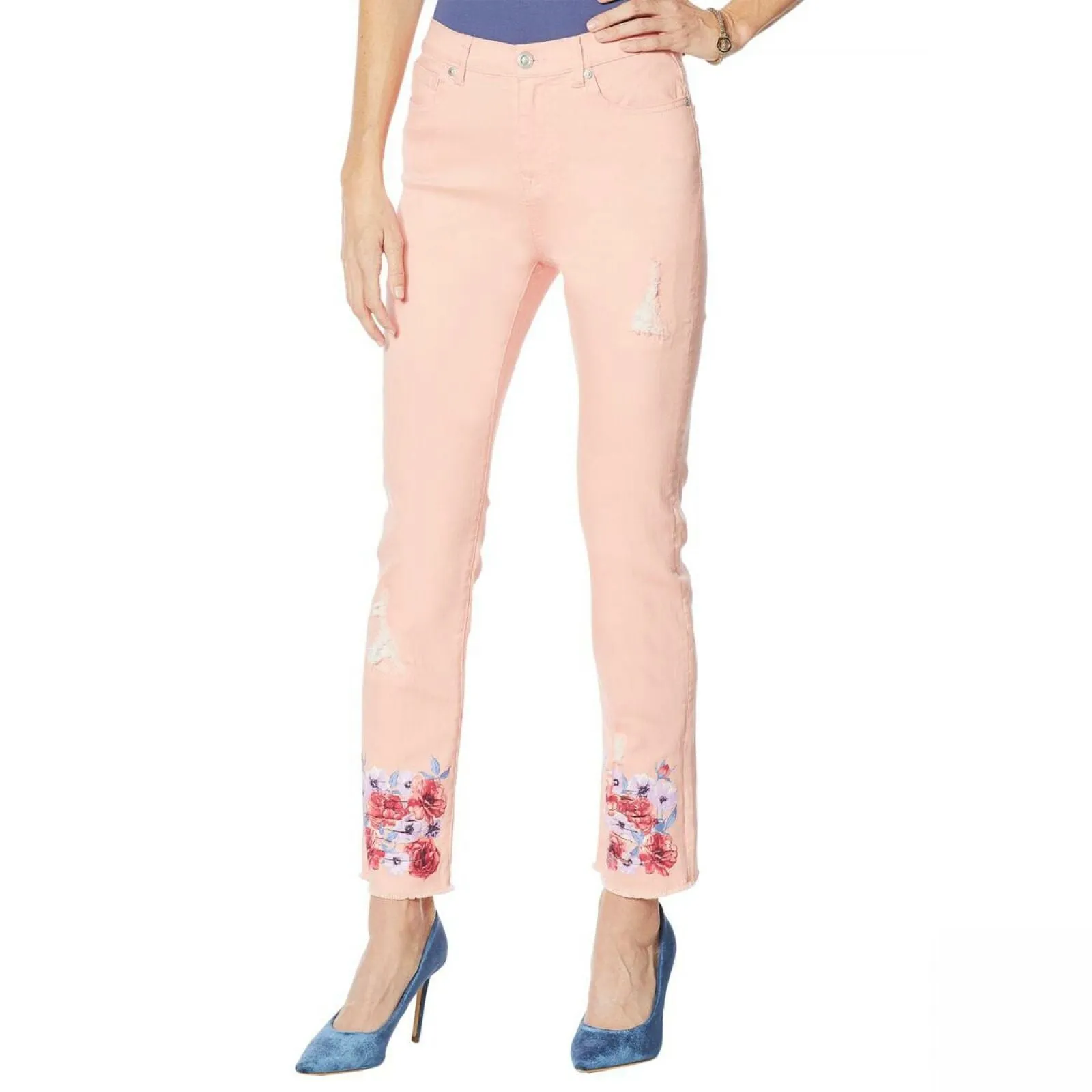 DG2 by Diane Gilman Petite Floral Fray-Hem Ankle Jeans Blush 6P
