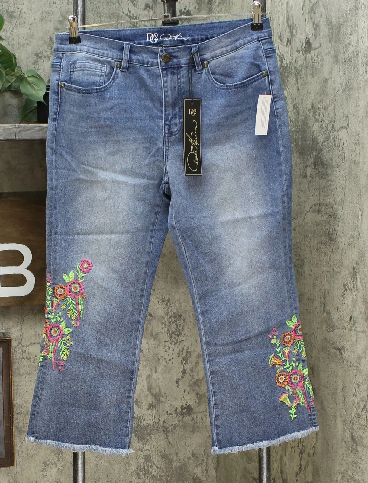 DG2 by Diane Gilman Women's Petite Neon Embroidered Kick Flare Crop Jeans