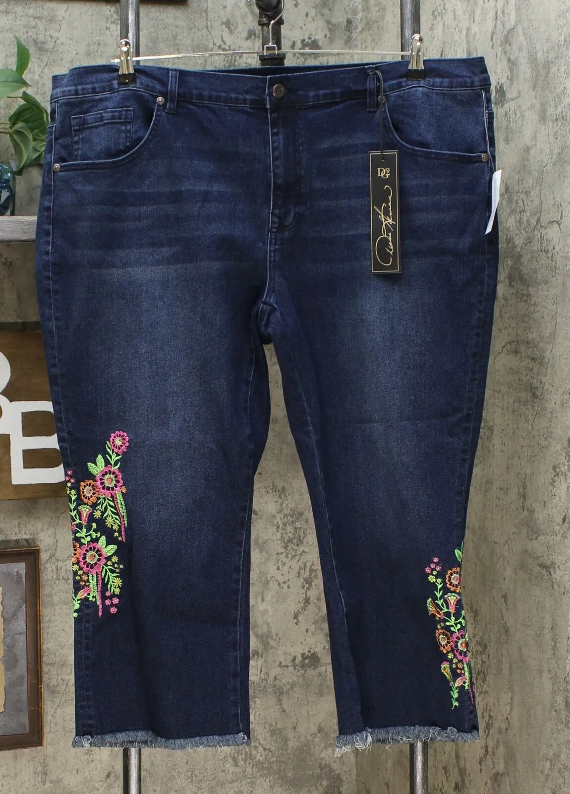 DG2 by Diane Gilman Women's Petite Neon Embroidered Kick Flare Crop Jeans