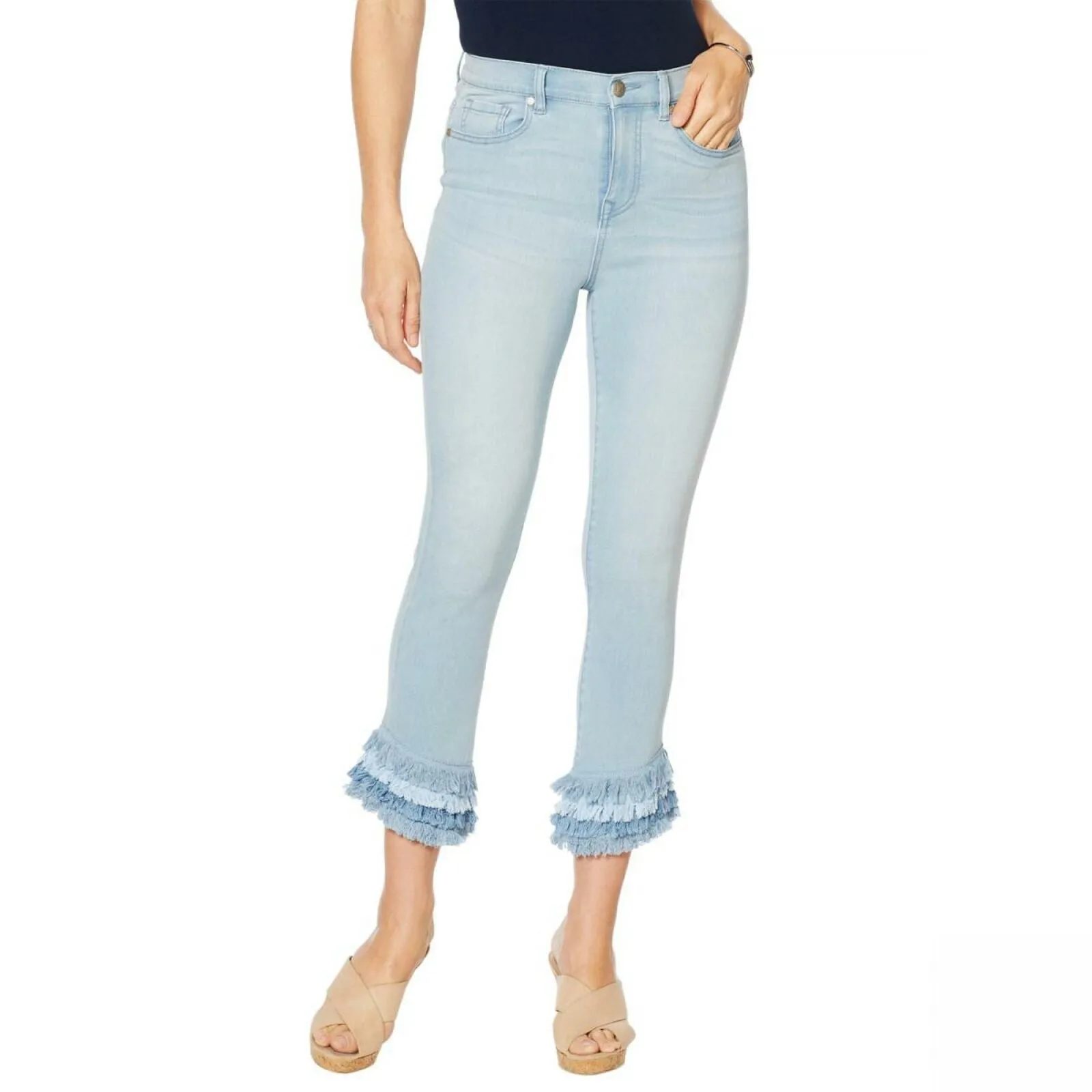 DG2 by Diane Gilman Women's Petite Virtual Stretch Layered Fringe Crop Jeans