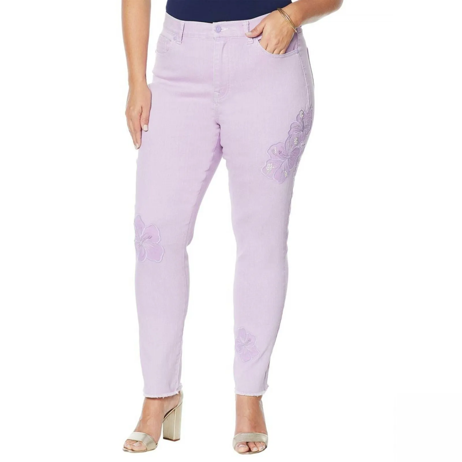 DG2 by Diane Gilman Women's Plus Size Sorbet Wash Floral Applique Ankle Jeans