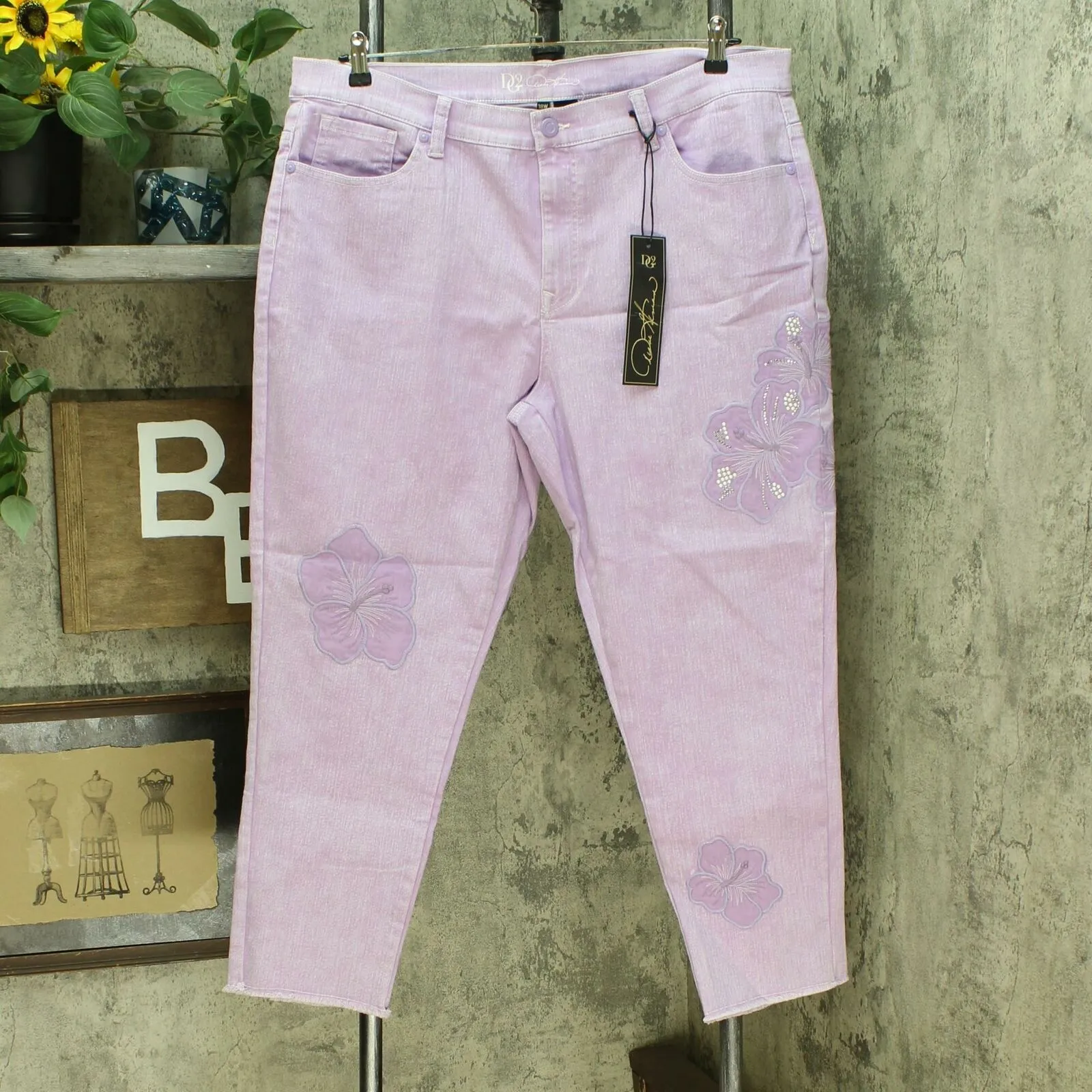 DG2 by Diane Gilman Women's Plus Size Sorbet Wash Floral Applique Ankle Jeans