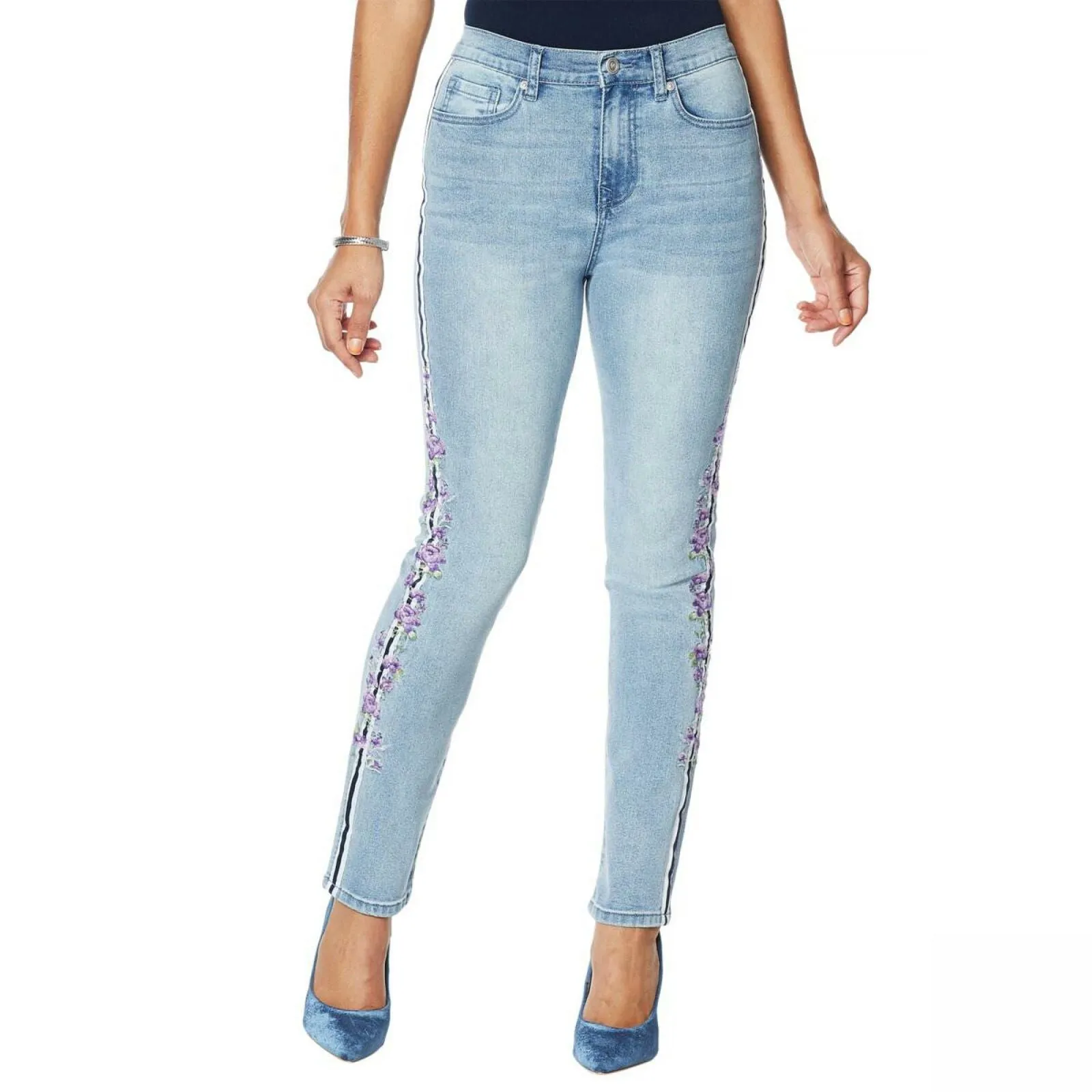 DG2 by Diane Gilman Women's Plus Stretch Embroidered Stripe Skinny Jean