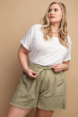 Drawstring Waist Frayed Hem Shorts