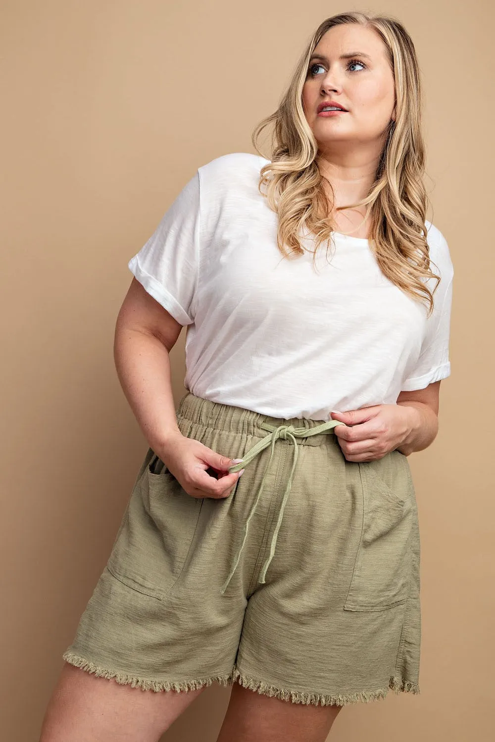 Drawstring Waist Frayed Hem Shorts