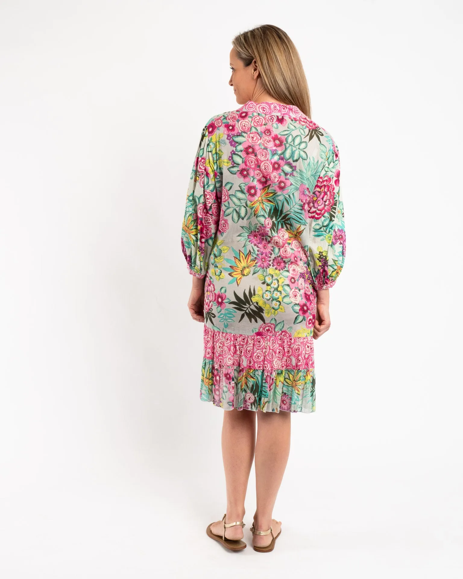 Embroidered Tunic Dress in Pink and Pale Green Floral