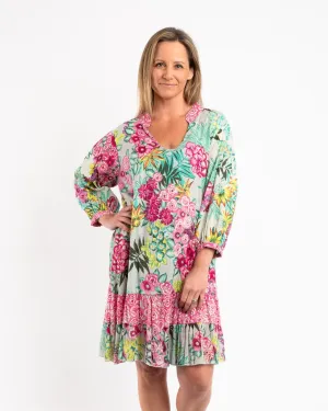 Embroidered Tunic Dress in Pink and Pale Green Floral