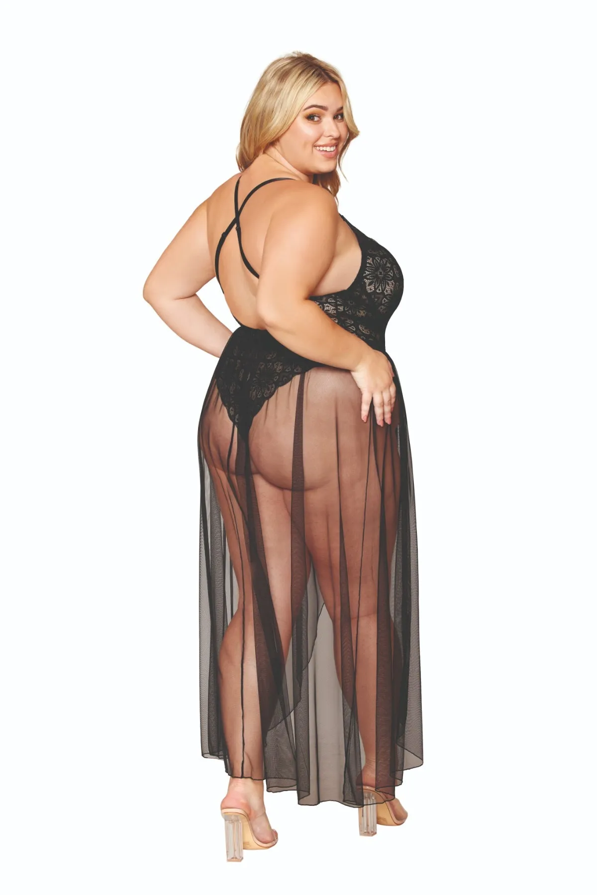 Fabulous Plus Size Lace Teddy and Sheer Skirt Combo