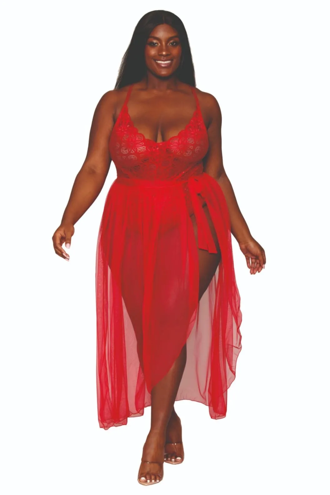 Fabulous Plus Size Lace Teddy and Sheer Skirt Combo