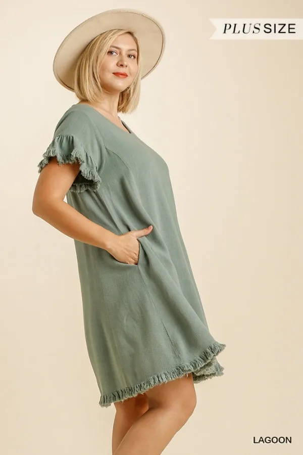Frayed Edge Linen Dress-Regular and Plus Size
