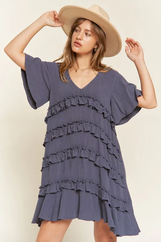 Gentry Curvy Plus Size Tiered Ruffle Mini Dress – V-Neck Flared Sleeves