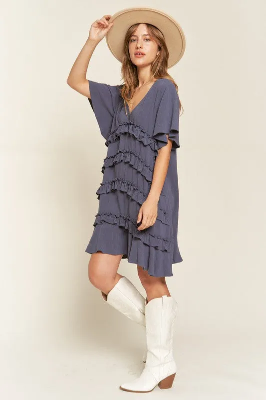 Gentry Curvy Plus Size Tiered Ruffle Mini Dress – V-Neck Flared Sleeves
