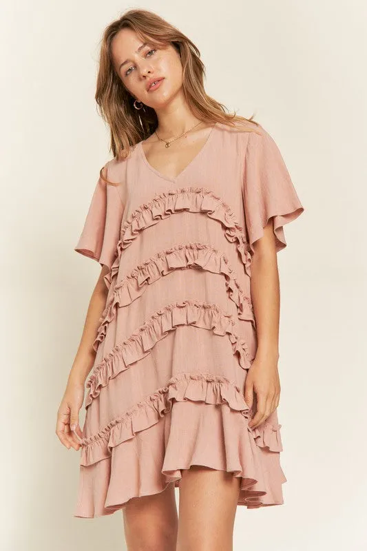 Gentry Curvy Plus Size Tiered Ruffle Mini Dress – V-Neck Flared Sleeves