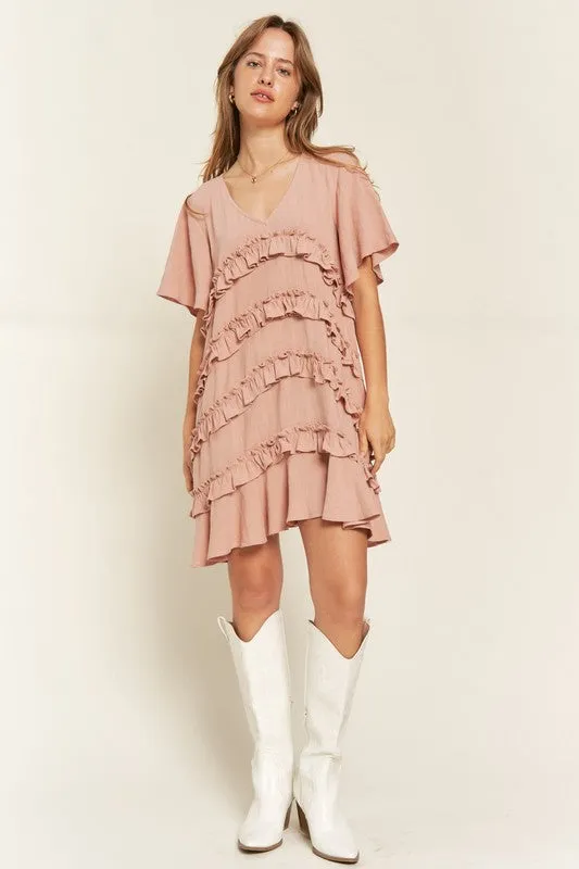 Gentry Curvy Plus Size Tiered Ruffle Mini Dress – V-Neck Flared Sleeves