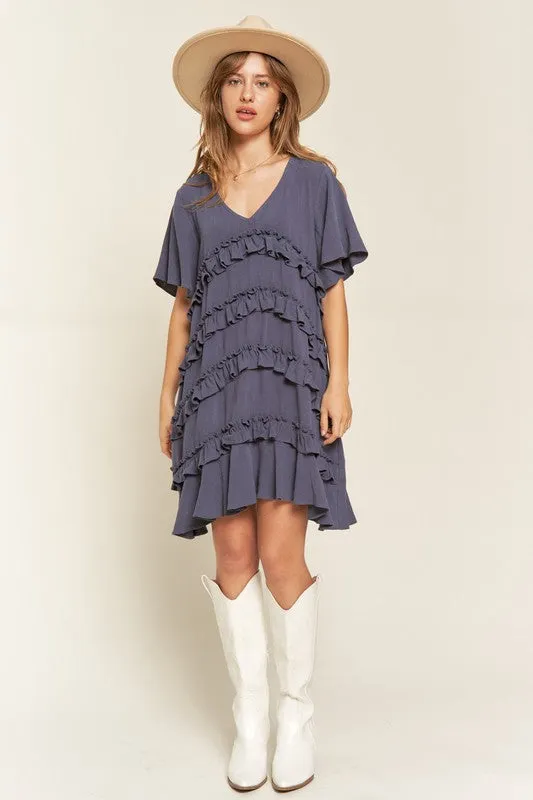 Gentry Curvy Plus Size Tiered Ruffle Mini Dress – V-Neck Flared Sleeves