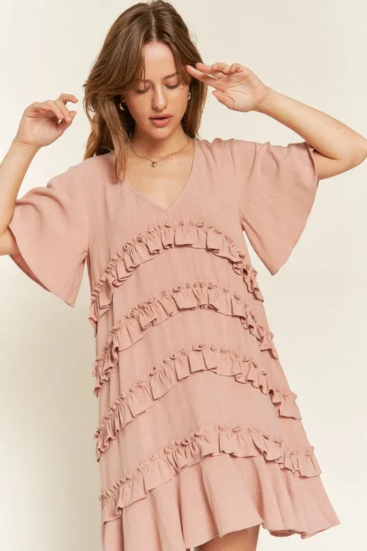 Gentry Curvy Plus Size Tiered Ruffle Mini Dress – V-Neck Flared Sleeves