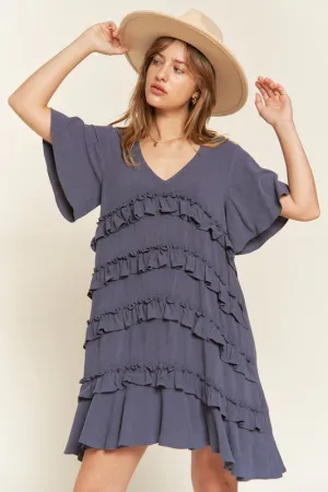 Gentry Curvy Plus Size Tiered Ruffle Mini Dress – V-Neck Flared Sleeves